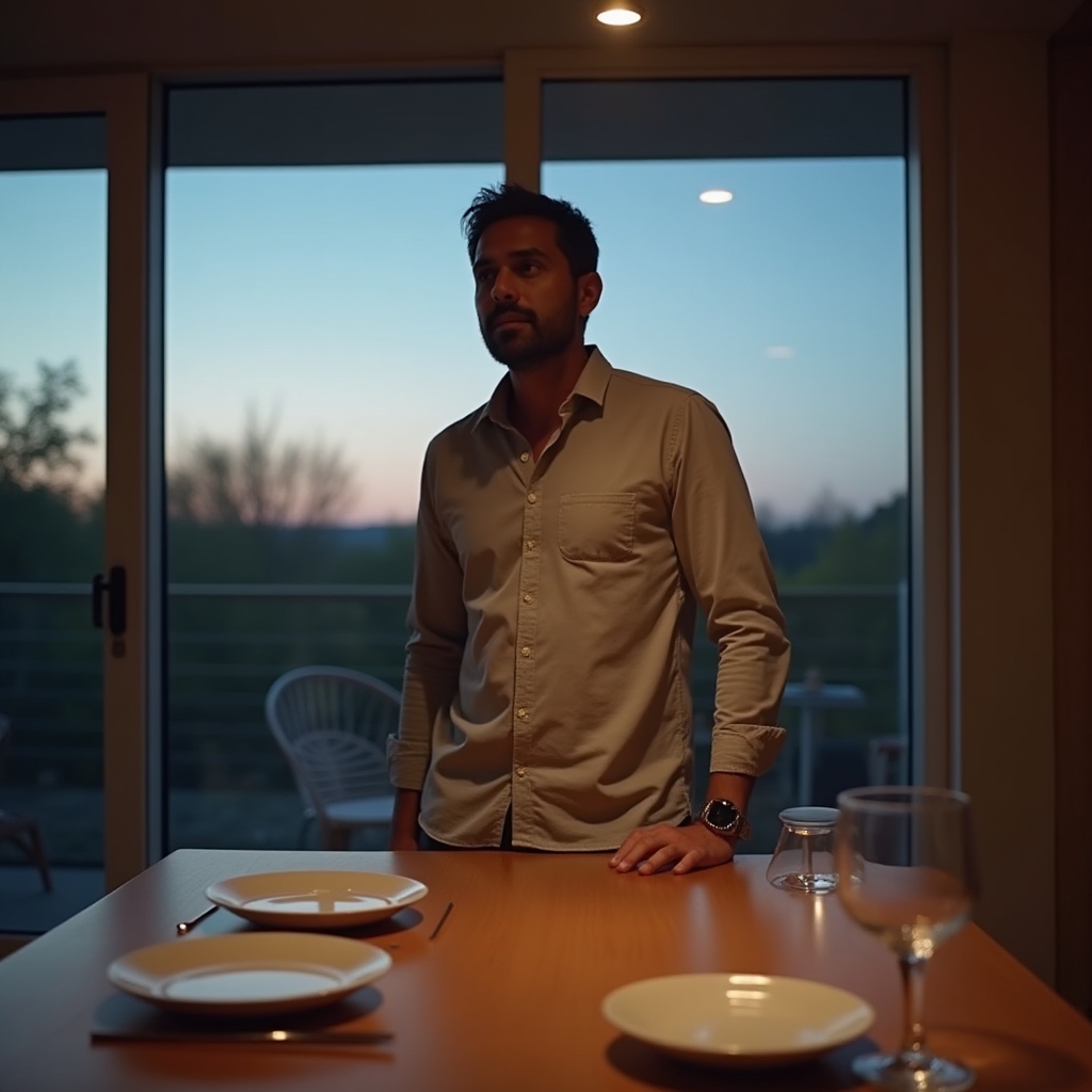 A plate being cleared from a dinner table beside a window with evening light, suggesting a walk after the meal