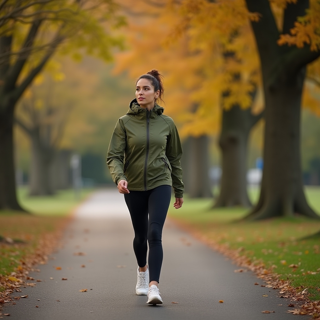 A person walking along a quiet tree-lined path in early evening light