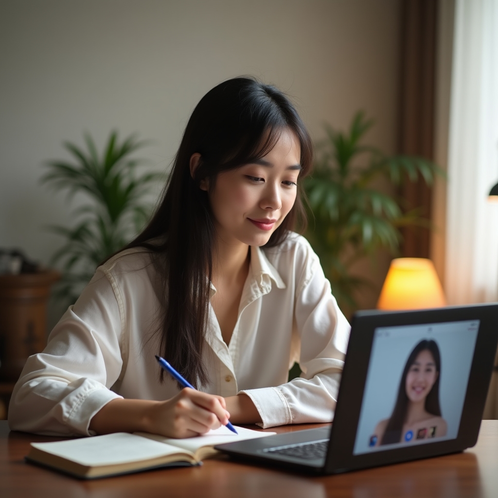 A person sitting at a home desk taking notes during a live online workshop session on a laptop