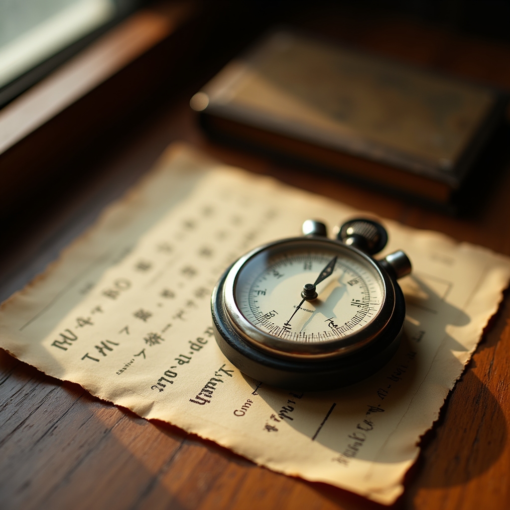 A vintage style mechanical pedometer resting on a wooden table beside an old paper pamphlet