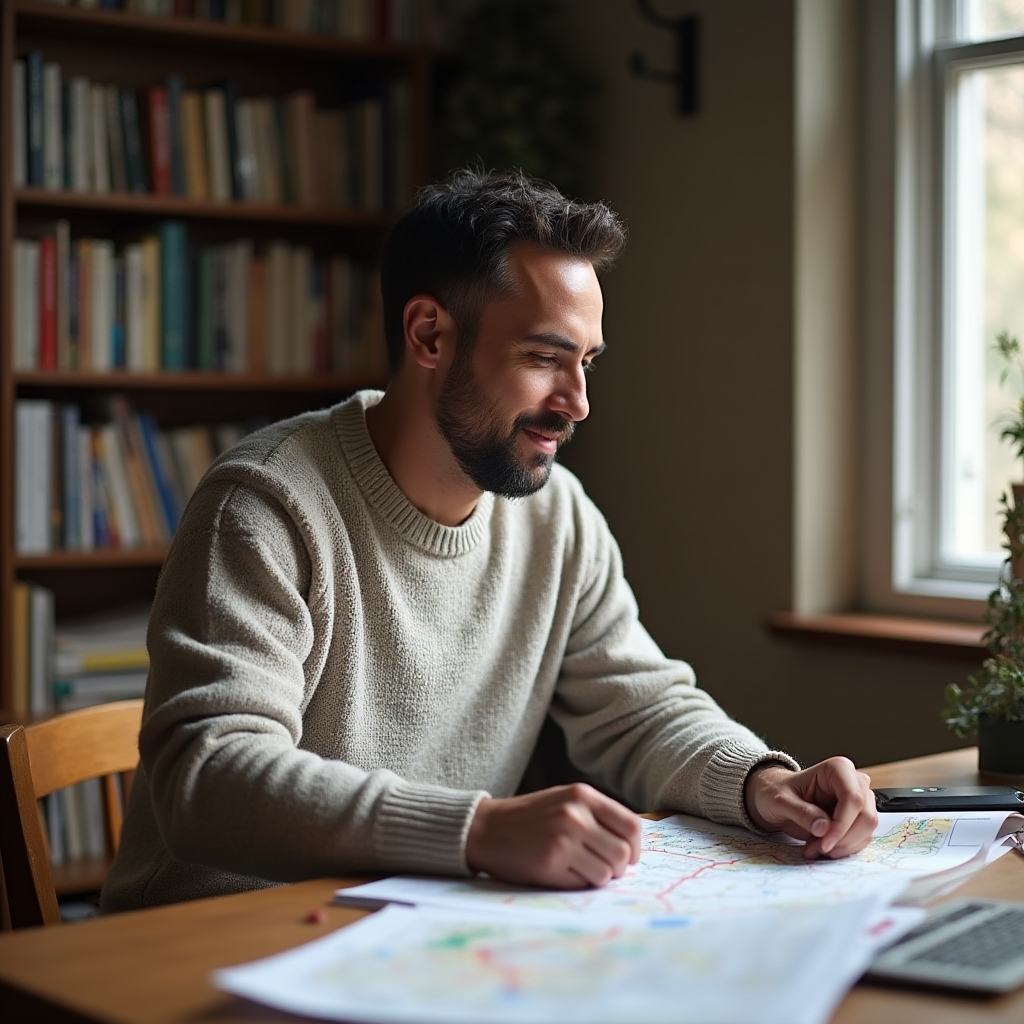 A movement educator reviewing walking route notes at a desk before a live online session